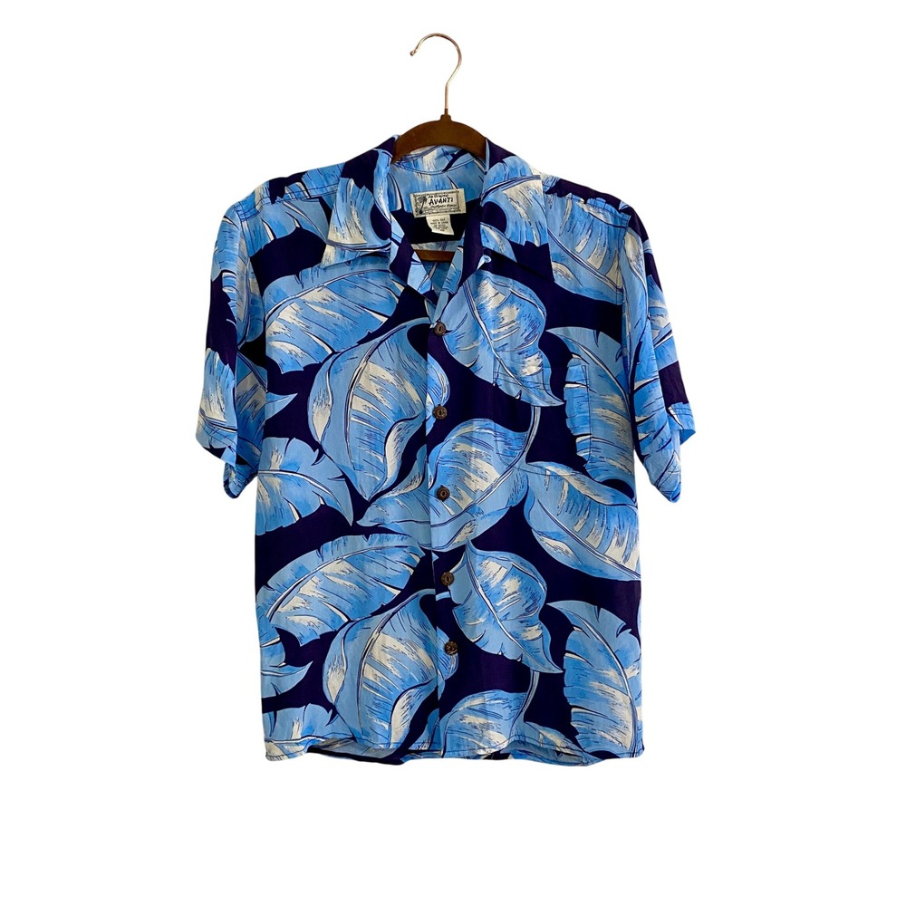 Avanti Silk Hawaiian Shirt Mens XS Blue Banana Leaf Tropical Camp‎ Button Up